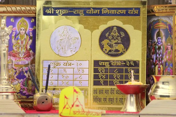 Shri_Shukra-Rahu_Yog_Nivaran_Yantra_With_Mantra_For_Attaining_Peace,_Prosperity_And_Happiness.Energised,Copper,Multicolor_(6X6_Inch);Ach178