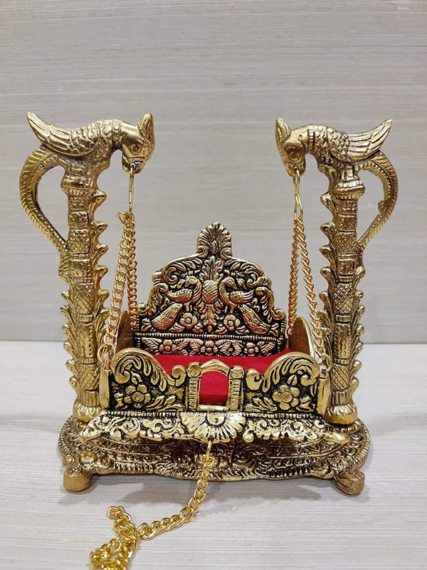 Metal_Handicrafted_Pooja_Jhula_For_Laddu_Gopal_(Gold_17.78_X_9.5_X_17.14_Cm);Ach263