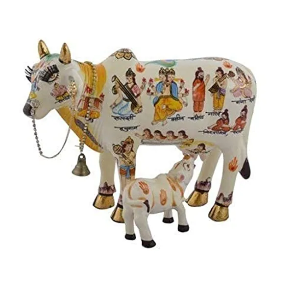 Handcrafted_Polyresin_Kamdhenu_Cow_Figurine_With_Calf_For_Full_Filling_Wishes_Of_Human_Being_(Multicolour,_19Cmx12Cmx15Cm);Ach320