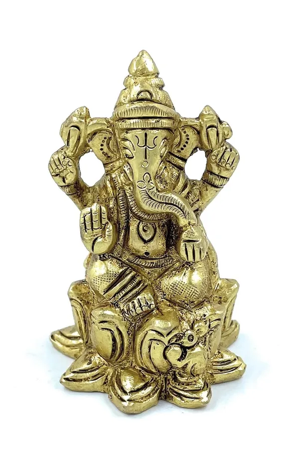 Pure_Ashtadhatu_Ganesh_Idol_In_Lotus_Shaped_Singhasan_With_Musak_And_Ladoo|Office||Home||Temple||Gift|Handcarved_Superfine_Finish_Lacquer_Coated.