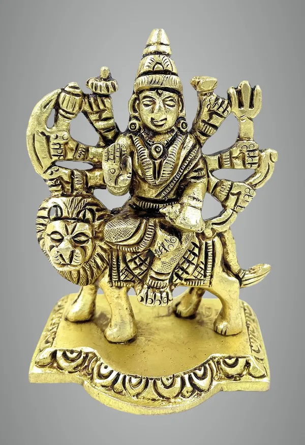 Pure_Ashtadhatu_Durga/Mataji/Devi/Ashtabhuja_Chamunda/Sherawali/Ambe_Mata_Sitting_On_Lion_On_Platform|Office||Home||Temple||Gift|Handcarved_Superfine_Finish_Lacquer_Coated.