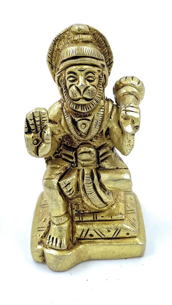 Pure_Ashtadhatu_Handcarved_Lord_Hanuman_Sitting_On_Singhasan_With_Gada_On_Left_Shoulder|Office||Home||Temple||Gift|Handcarved_Superfine_Finish_Lacquer_Coated.