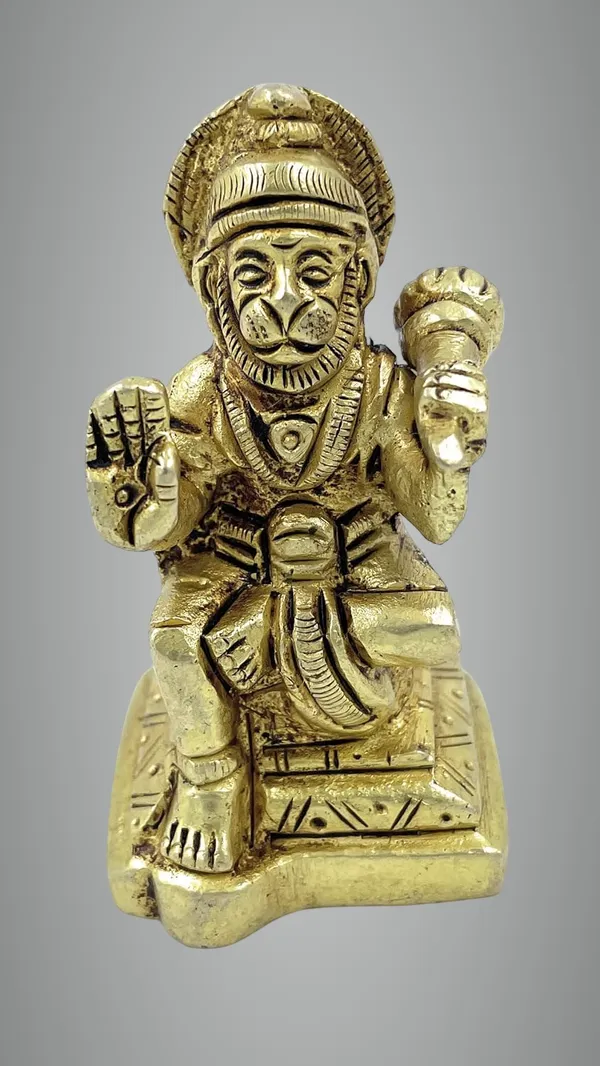 Pure_Ashtadhatu_Handcarved_Lord_Hanuman_Sitting_On_Singhasan_With_Gada_On_Left_Shoulder|Office||Home||Temple||Gift|Handcarved_Superfine_Finish_Lacquer_Coated.