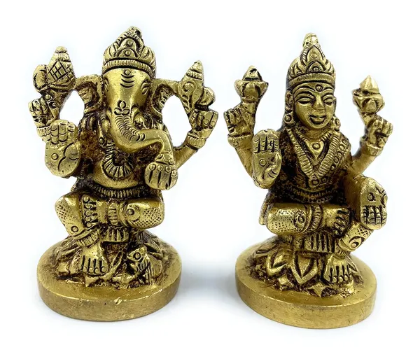 Pure_Ashtadhatu_Laxmi_Ganesh_Idol_In_Flower_Shaped_Base_Antique_Finished|Office||Home||Temple||Gift|Handcarved_Superfine_Finish_Lacquer_Coated.