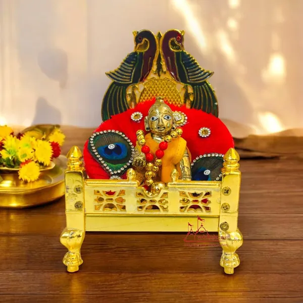 Brass_Singhasan_For_Ganesha_&_Krishna_Idols/Gold_Plated_Ladoo_Gopal_Pooja_Chowki_For_Temple/Mandir_?_Decorative_Throne_For_Puja_Room_(Size_11_Cm)