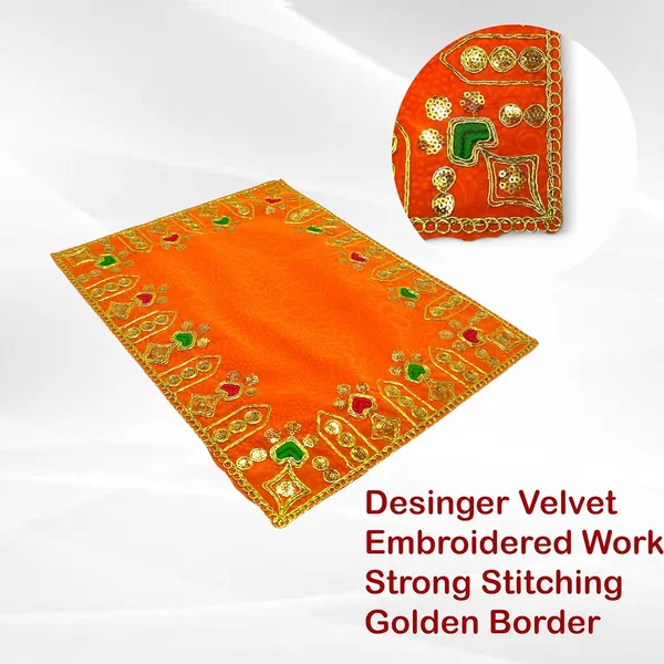 Designer_Velvet_Embroidered_Pooja_Aasan_Cloth_12X15_Inch_Orange_|_Chowki_Aasan_For_God_Idol_|_Mandir_Table_Altar_Cover_For_Temple,_Puja_Shelf,_Diwali_Decoration_Pack_0F_2
