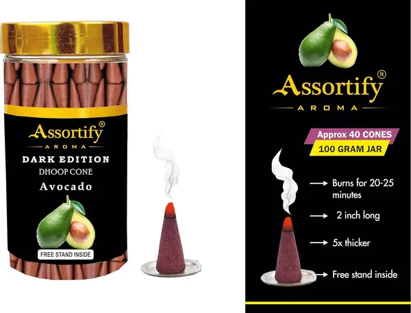 Avacado_Dhoop_Cones_Jarnatural_Ingredients100Gm_Jar_Packaging_Less_Smoke