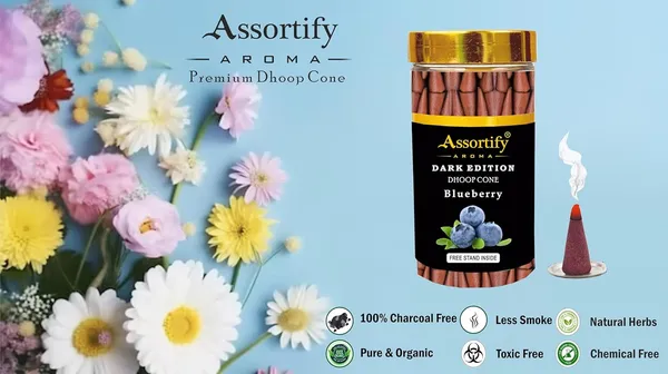 Blueberry_Dhoop_Cones_Jarnatural_Ingredients100Gm_Jar_Packaging_Less_Smoke