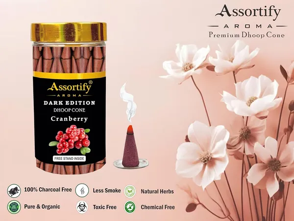 Cranberry_Dhoop_Cones_Jarnatural_Ingredients100Gm_Jar_Packaging_Less_Smoke