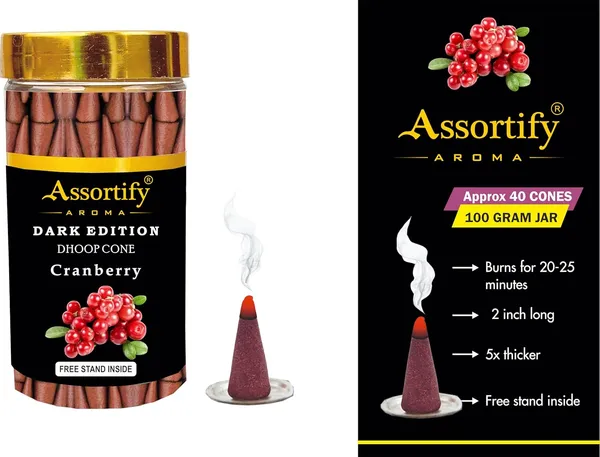 Cranberry_Dhoop_Cones_Jarnatural_Ingredients100Gm_Jar_Packaging_Less_Smoke