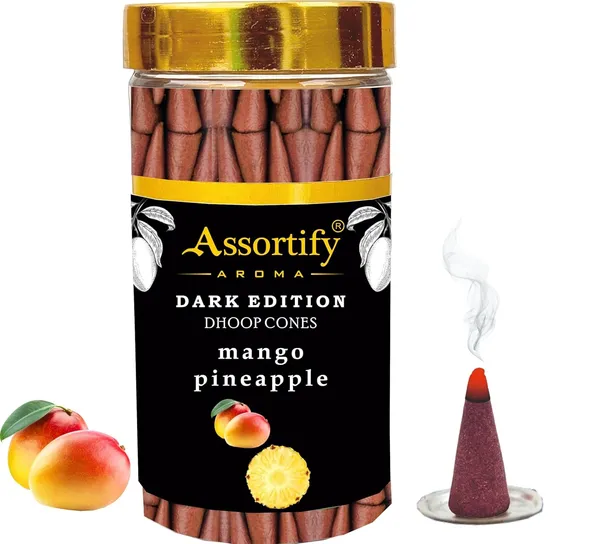 Mango_Pineapple_Dhoop_Cones_Jarnatural_Ingredients100Gm_Jar_Packaging_Less_Smoke