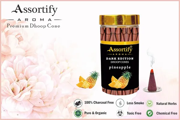 Pineapple_Dhoop_Cones_Jarnatural_Ingredients100Gm_Jar_Packaging_Less_Smoke