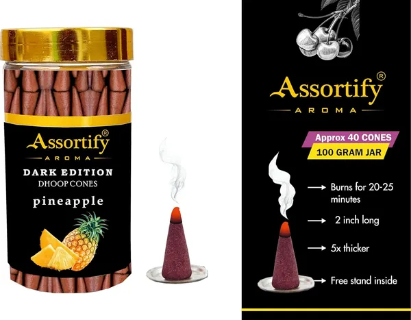 Pineapple_Dhoop_Cones_Jarnatural_Ingredients100Gm_Jar_Packaging_Less_Smoke