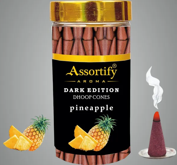Pineapple_Dhoop_Cones_Jarnatural_Ingredients100Gm_Jar_Packaging_Less_Smoke