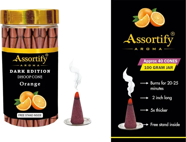 Orange_Dhoop_Cones_Jarnatural_Ingredients100Gm_Jar_Packaging_Less_Smoke