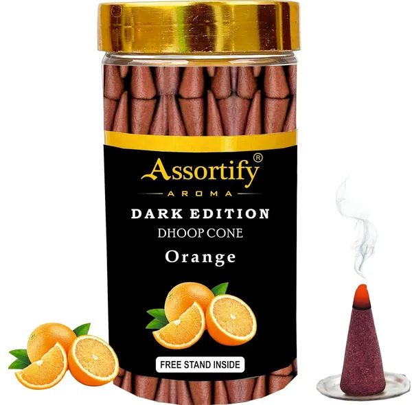 Orange_Dhoop_Cones_Jarnatural_Ingredients100Gm_Jar_Packaging_Less_Smoke