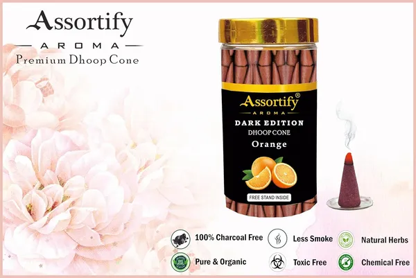 Orange_Dhoop_Cones_Jarnatural_Ingredients100Gm_Jar_Packaging_Less_Smoke