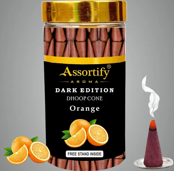 Orange_Dhoop_Cones_Jarnatural_Ingredients100Gm_Jar_Packaging_Less_Smoke