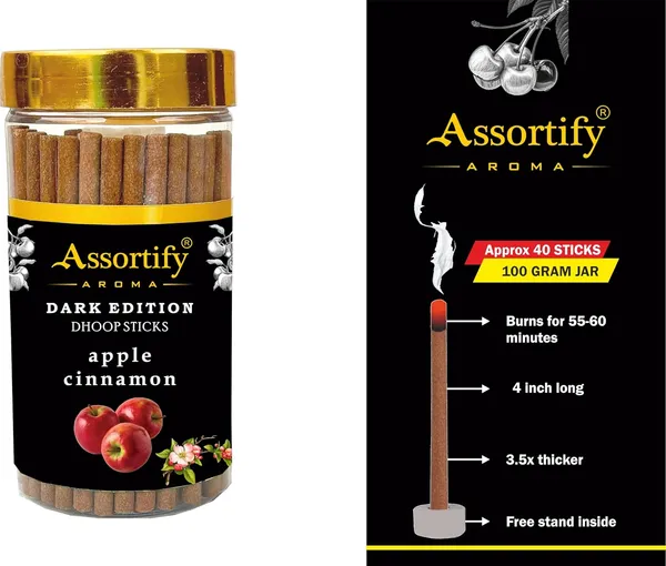 Applecinnamon_Dhoop_Sticks_Jarnatural_Ingredients100Gm_Jar_Packaging_Less_Smoke