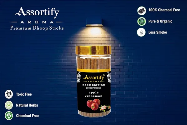 Applecinnamon_Dhoop_Sticks_Jarnatural_Ingredients100Gm_Jar_Packaging_Less_Smoke