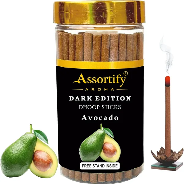 Avacado_Dhoop_Sticks_Jarnatural_Ingredients100Gm_Jar_Packaging_Less_Smoke