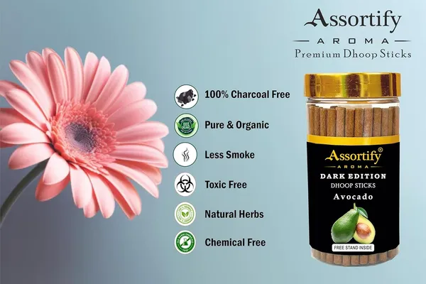 Avacado_Dhoop_Sticks_Jarnatural_Ingredients100Gm_Jar_Packaging_Less_Smoke