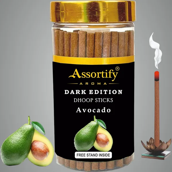 Avacado_Dhoop_Sticks_Jarnatural_Ingredients100Gm_Jar_Packaging_Less_Smoke