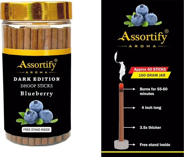 Blueberry_Dhoop_Sticks_Jarnatural_Ingredients100Gm_Jar_Packaging_Less_Smoke