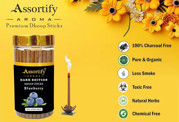 Blueberry_Dhoop_Sticks_Jarnatural_Ingredients100Gm_Jar_Packaging_Less_Smoke