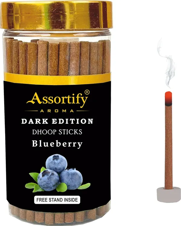 Blueberry_Dhoop_Sticks_Jarnatural_Ingredients100Gm_Jar_Packaging_Less_Smoke