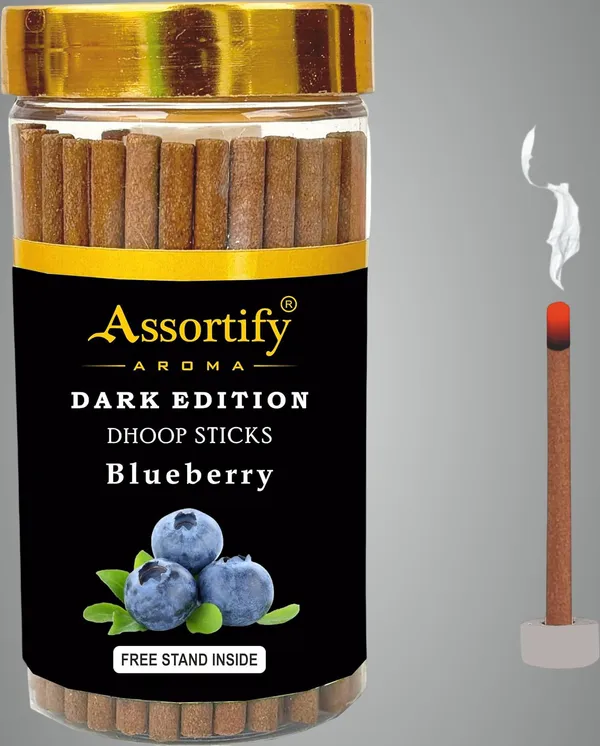 Blueberry_Dhoop_Sticks_Jarnatural_Ingredients100Gm_Jar_Packaging_Less_Smoke