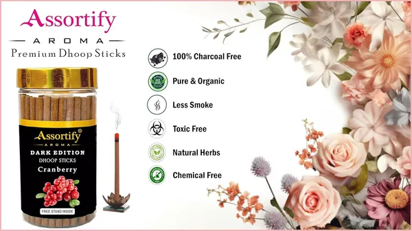 Cranberry_Dhoop_Sticks_Jarnatural_Ingredients100Gm_Jar_Packaging_Less_Smoke