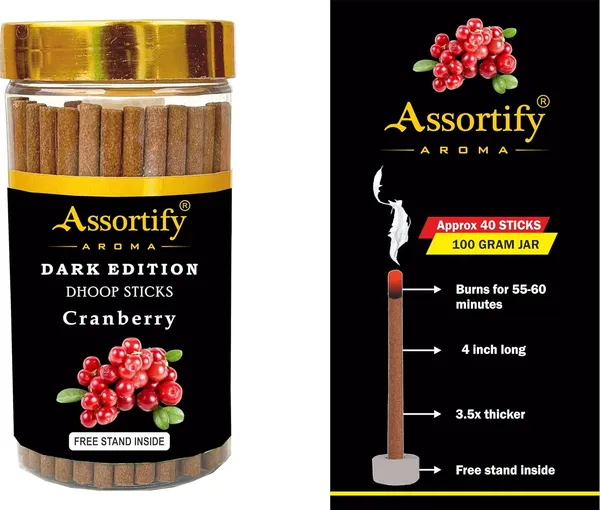 Cranberry_Dhoop_Sticks_Jarnatural_Ingredients100Gm_Jar_Packaging_Less_Smoke