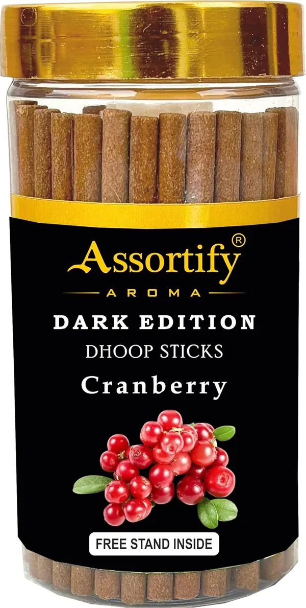 Cranberry_Dhoop_Sticks_Jarnatural_Ingredients100Gm_Jar_Packaging_Less_Smoke