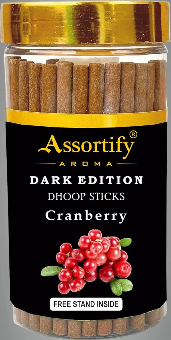 Cranberry_Dhoop_Sticks_Jarnatural_Ingredients100Gm_Jar_Packaging_Less_Smoke