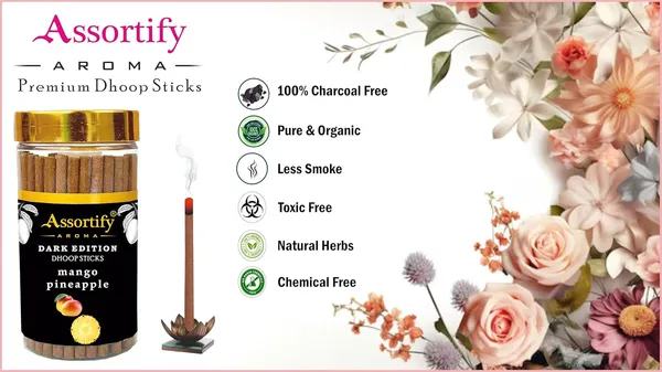 Mango_Pineapple_Dhoop_Sticks_Jarnatural_Ingredients100Gm_Jar_Packaging_Less_Smoke