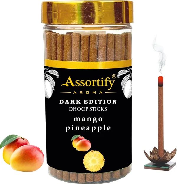 Mango_Pineapple_Dhoop_Sticks_Jarnatural_Ingredients100Gm_Jar_Packaging_Less_Smoke