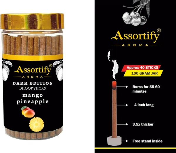 Mango_Pineapple_Dhoop_Sticks_Jarnatural_Ingredients100Gm_Jar_Packaging_Less_Smoke