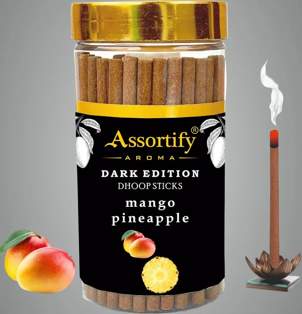 Mango_Pineapple_Dhoop_Sticks_Jarnatural_Ingredients100Gm_Jar_Packaging_Less_Smoke