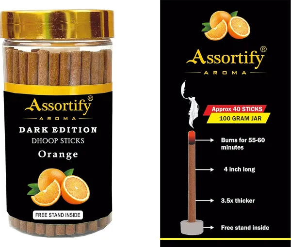 Orange_Dhoop_Sticks_Jarnatural_Ingredients100Gm_Jar_Packaging_Less_Smoke