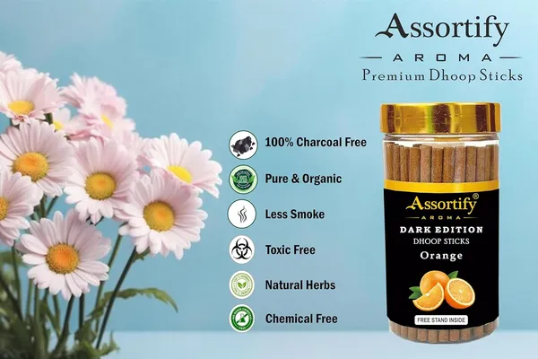 Orange_Dhoop_Sticks_Jarnatural_Ingredients100Gm_Jar_Packaging_Less_Smoke