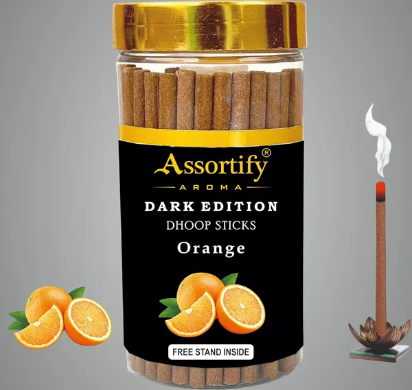 Orange_Dhoop_Sticks_Jarnatural_Ingredients100Gm_Jar_Packaging_Less_Smoke