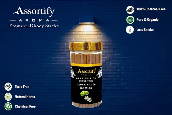 Green_Apple_Jasmin_Dhoop_Sticks_Jarnatural_Ingredients100Gm_Jar_Packaging_Less_Smoke