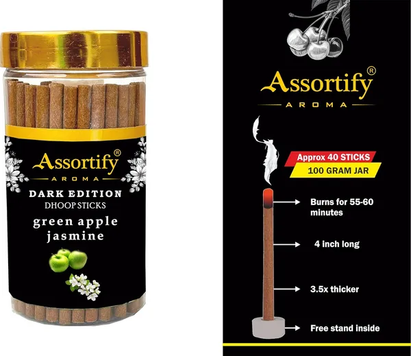 Green_Apple_Jasmin_Dhoop_Sticks_Jarnatural_Ingredients100Gm_Jar_Packaging_Less_Smoke