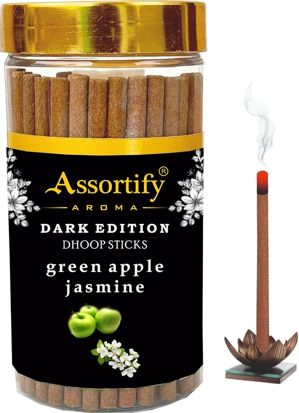 Green_Apple_Jasmin_Dhoop_Sticks_Jarnatural_Ingredients100Gm_Jar_Packaging_Less_Smoke