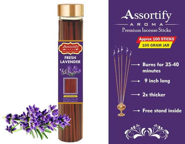 Fresh_Lavender_Incense_Sticks_Boxnatural_Ingredients100Gm_Jar_Packaging_Less_Smoke