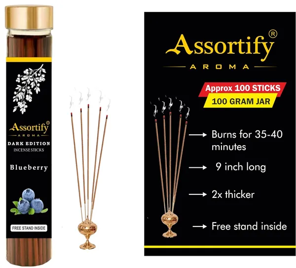 Blueberry_Incense_Sticks_Boxnatural_Ingredients100Gm_Jar_Packaging_Less_Smoke