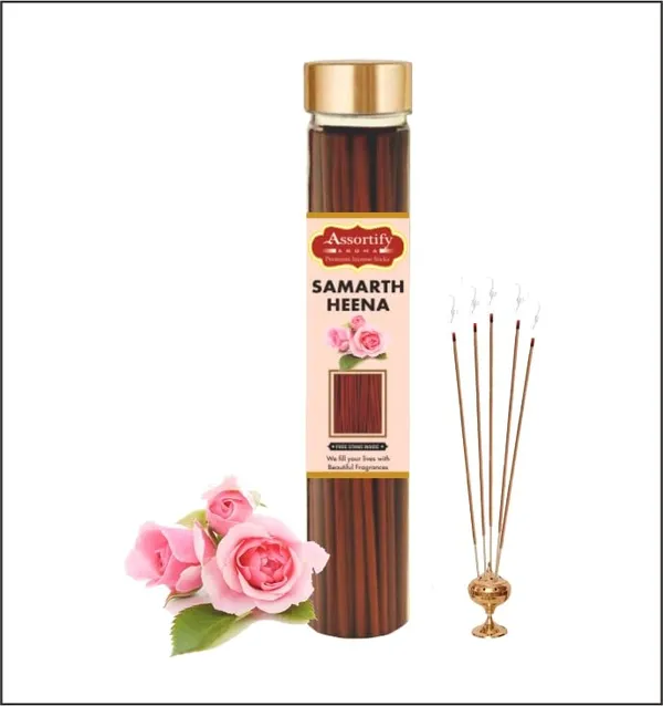 Samarth_Heena_Incense_Sticks_Boxnatural_Ingredients100Gm_Jar_Packaging_Less_Smoke