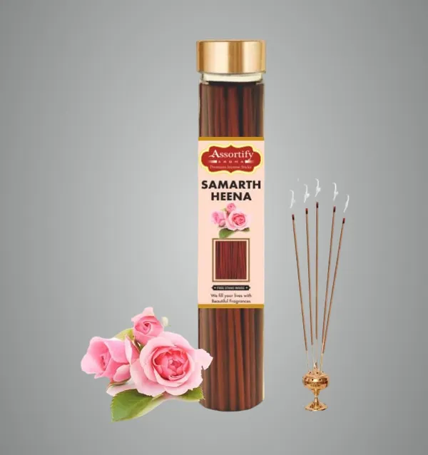 Samarth_Heena_Incense_Sticks_Boxnatural_Ingredients100Gm_Jar_Packaging_Less_Smoke
