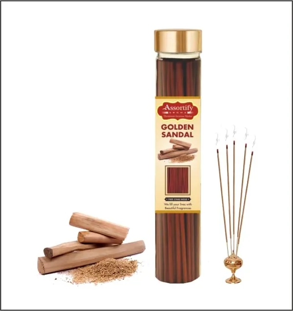 Golden_Sandal_Incense_Sticks_Boxnatural_Ingredients100Gm_Jar_Packaging_Less_Smoke